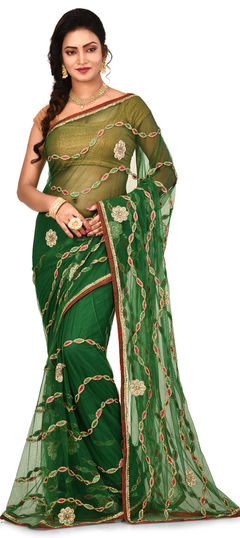 Green color Saree in Net fabric with Embroidered, Patch, Stone work