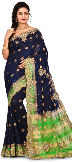 Blue color Saree in Kanchipuram Silk, Silk fabric with Embroidered, Patch, Stone work