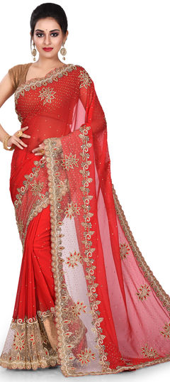 Red and Maroon color Saree in Georgette fabric with Embroidered, Stone, Thread work