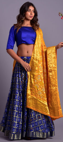 Blue color Lehenga in Chiffon fabric with Lehariya, Printed work