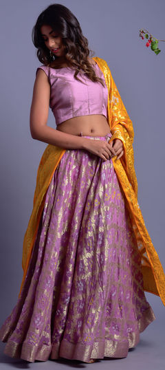 Purple and Violet color Lehenga in Silk fabric with Weaving work