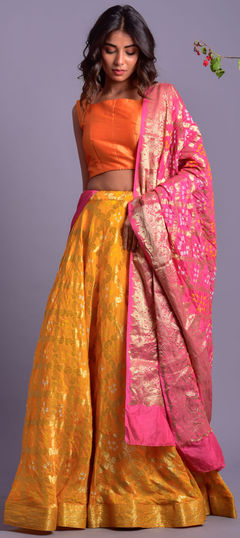 Yellow color Lehenga in Silk fabric with Weaving work