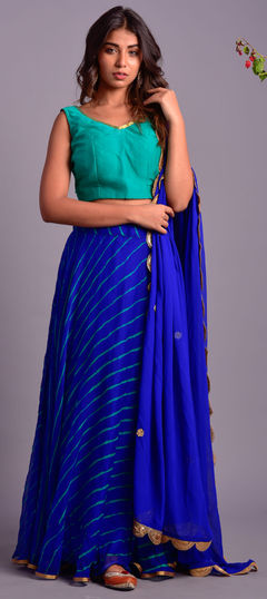 Blue color Lehenga in Silk fabric with Bandhej, Printed work