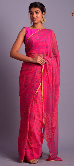 Festive, Reception Pink and Majenta color Saree in Chiffon fabric with Classic, Rajasthani Bandhej, Printed work : 1625978