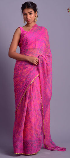 Festive, Reception Pink and Majenta color Saree in Chiffon fabric with Classic, Rajasthani Bandhej, Printed work : 1625980