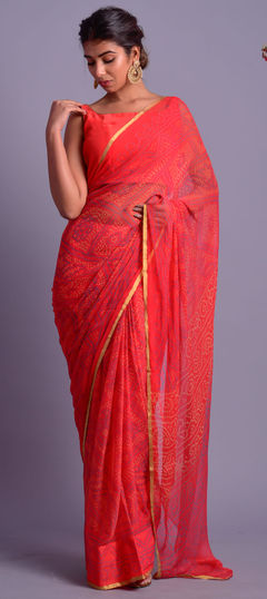 Festive, Reception Orange color Saree in Chiffon fabric with Classic, Rajasthani Bandhej, Printed work : 1625981