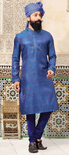Blue color Kurta Pyjamas in Jacquard fabric with Thread work