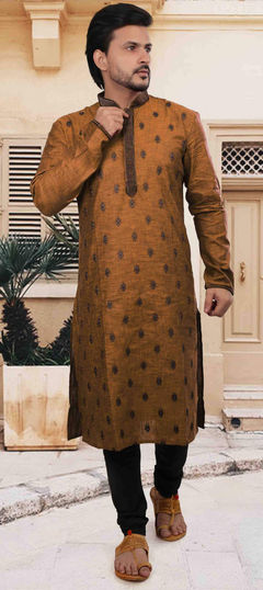 Beige and Brown color Kurta Pyjamas in Cotton fabric with Embroidered, Resham, Thread work