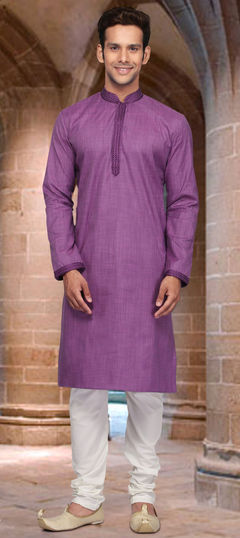Purple and Violet color Kurta Pyjamas in Cotton fabric with Thread work