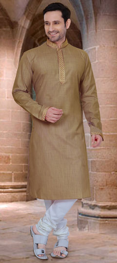 Beige and Brown color Kurta Pyjamas in Cotton fabric with Thread work