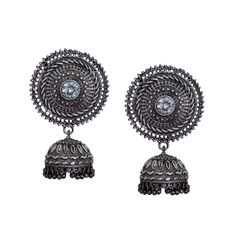 Silver Rodium Polish Black and Grey color Earrings in Brass studded with Beads