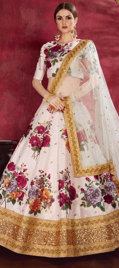 White and Off White color Lehenga in Bangalore Silk, Silk fabric with Embroidered, Floral, Printed, Sequence, Zari work