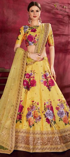 Yellow color Lehenga in Bangalore Silk, Silk fabric with Embroidered, Floral, Printed, Sequence, Zari work