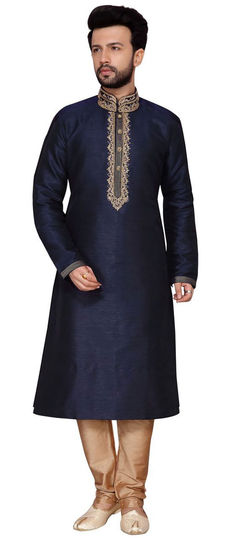 Blue color Kurta Pyjamas in Dupion Silk fabric with Embroidered, Resham, Sequence, Zardozi work