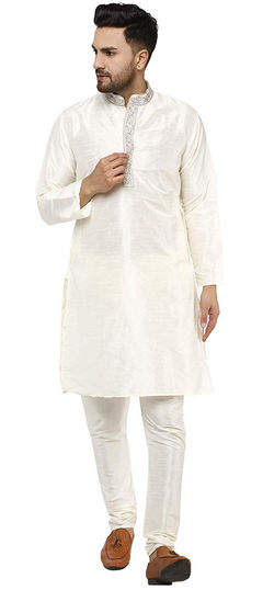 White and Off White color Kurta Pyjamas in Dupion Silk fabric with Embroidered, Thread work