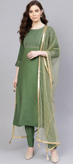 Green color Salwar Kameez in Blended fabric with Embroidered, Thread work