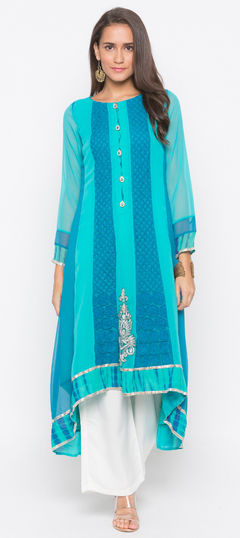 Blue color Tunic with Bottom in Georgette fabric with Embroidered, Resham, Thread work