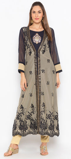 Beige and Brown, Blue color Tunic with Bottom in Net fabric with Embroidered, Resham, Thread work