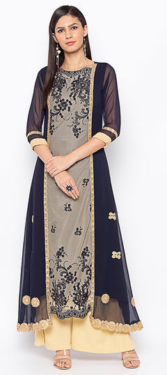 Blue color Tunic with Bottom in Net fabric with Printed, Sequence work