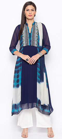 Blue color Salwar Kameez in Georgette fabric with Embroidered, Thread, Tye n Dye work