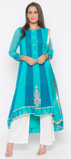 Blue color Salwar Kameez in Georgette fabric with Embroidered, Resham, Thread work