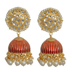 Gold Rodium Polish Red and Maroon color Earrings in Brass studded with CZ Diamond, Kundan