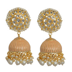 Gold Rodium Polish Orange color Earrings in Brass studded with CZ Diamond, Kundan