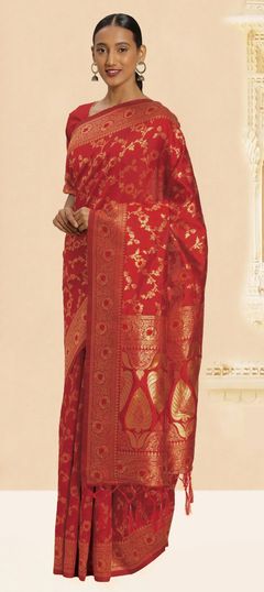 Traditional Red and Maroon color Saree in Banarasi Silk, Silk fabric with South Weaving work : 1631504