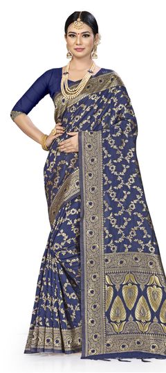 Traditional Blue color Saree in Banarasi Silk, Silk fabric with South Weaving work : 1631506