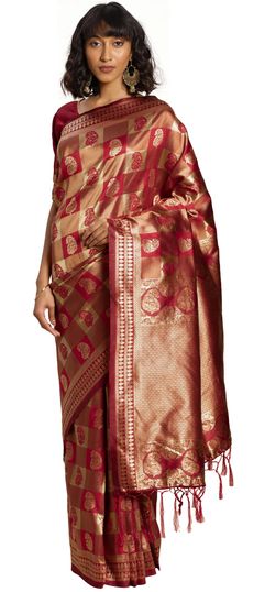 Red and Maroon color Saree in Banarasi Silk, Silk fabric with Weaving work