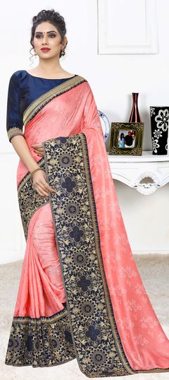 Pink and Majenta color Saree in Jacquard fabric with Embroidered, Stone, Swarovski, Thread, Zari work