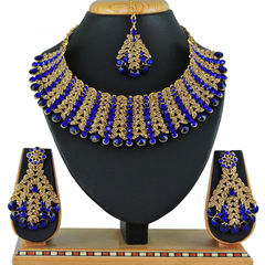 Gold Rodium Polish Blue color Necklace in Metal Alloy studded with CZ Diamond