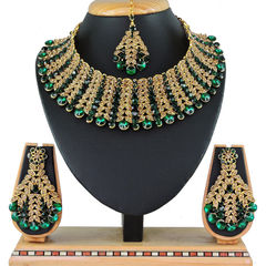 Gold Rodium Polish Green color Necklace in Metal Alloy studded with CZ Diamond