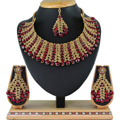 Gold Rodium Polish Gold, Red and Maroon color Necklace in Metal Alloy studded with CZ Diamond