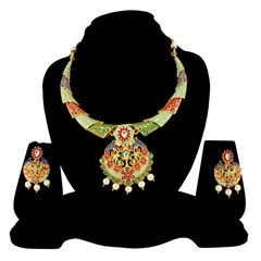 Gold Rodium Polish Multicolor color Necklace in Metal Alloy studded with Austrian diamond, Kundan