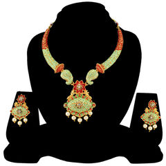 Green color Necklace in Metal Alloy studded with Austrian diamond, Kundan & Gold Rodium Polish : 1633021