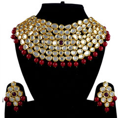 Gold Rodium Polish Red and Maroon color Necklace in Metal Alloy studded with Kundan