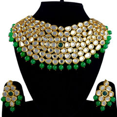 Gold Rodium Polish Green color Necklace in Metal Alloy studded with Kundan