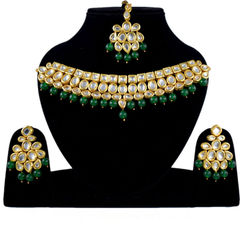 Gold Rodium Polish Green color Necklace in Metal Alloy studded with Kundan