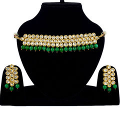 Gold Rodium Polish Green color Necklace in Metal Alloy studded with Kundan