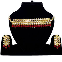 Gold Rodium Polish Red and Maroon color Necklace in Metal Alloy studded with Kundan