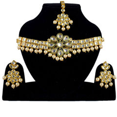 Gold Rodium Polish Beige and Brown color Necklace in Metal Alloy studded with Kundan
