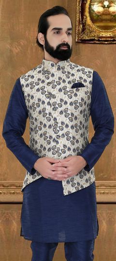 Blue color Nehru Jacket in Brocade fabric with Thread work