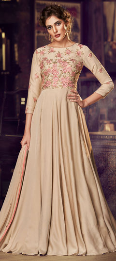 Beige and Brown color Gown in Satin Silk fabric with Embroidered, Sequence, Thread work