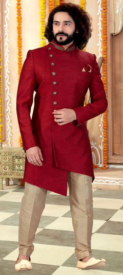 Red and Maroon color IndoWestern Dress in Jacquard fabric with Thread work