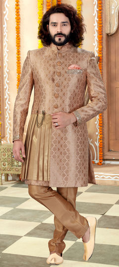 Beige and Brown color IndoWestern Dress in Banarasi Silk fabric with Broches, Sequence work