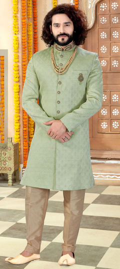 Green color Sherwani in Jacquard fabric with Broches work