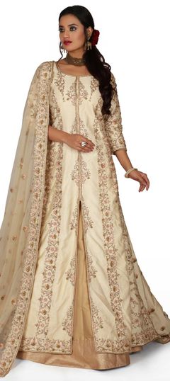 Beige and Brown color Salwar Kameez in Silk fabric with Bugle Beads, Sequence, Thread, Zardozi work