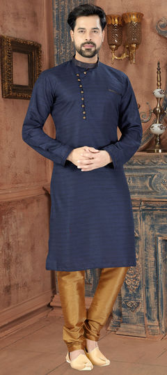 Blue color Kurta Pyjamas in Dupion Silk fabric with Thread work