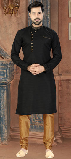 Black and Grey color Kurta Pyjamas in Dupion Silk fabric with Thread work